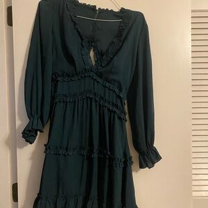 Chic Long Sleeve Teal Dress with Ruffle Accents